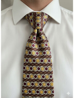 Paul Frederick maroon red yellow pattern Italian silk tie hand tailored - 57"